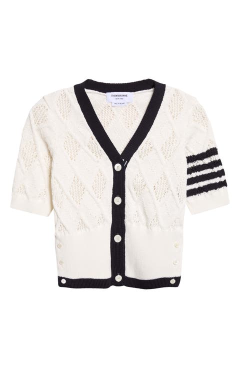 4-Bar Argyle Pointelle Stitch Short Sleeve Cardigan