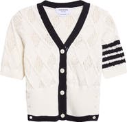 Thom Browne 4-Bar Argyle Pointelle Stitch Short Sleeve Cardigan