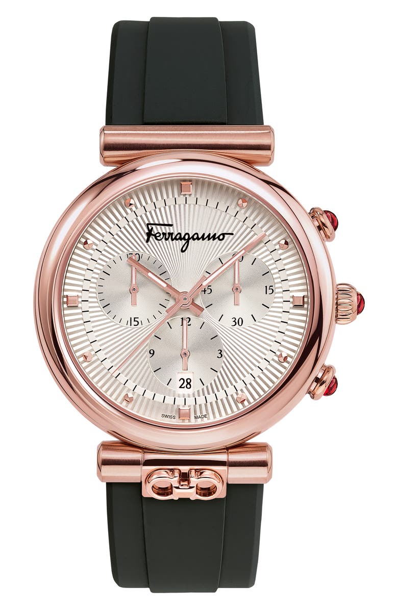 FERRAGAMO Ora Chronograph Rubber Strap Watch, 40mm, Main, color,