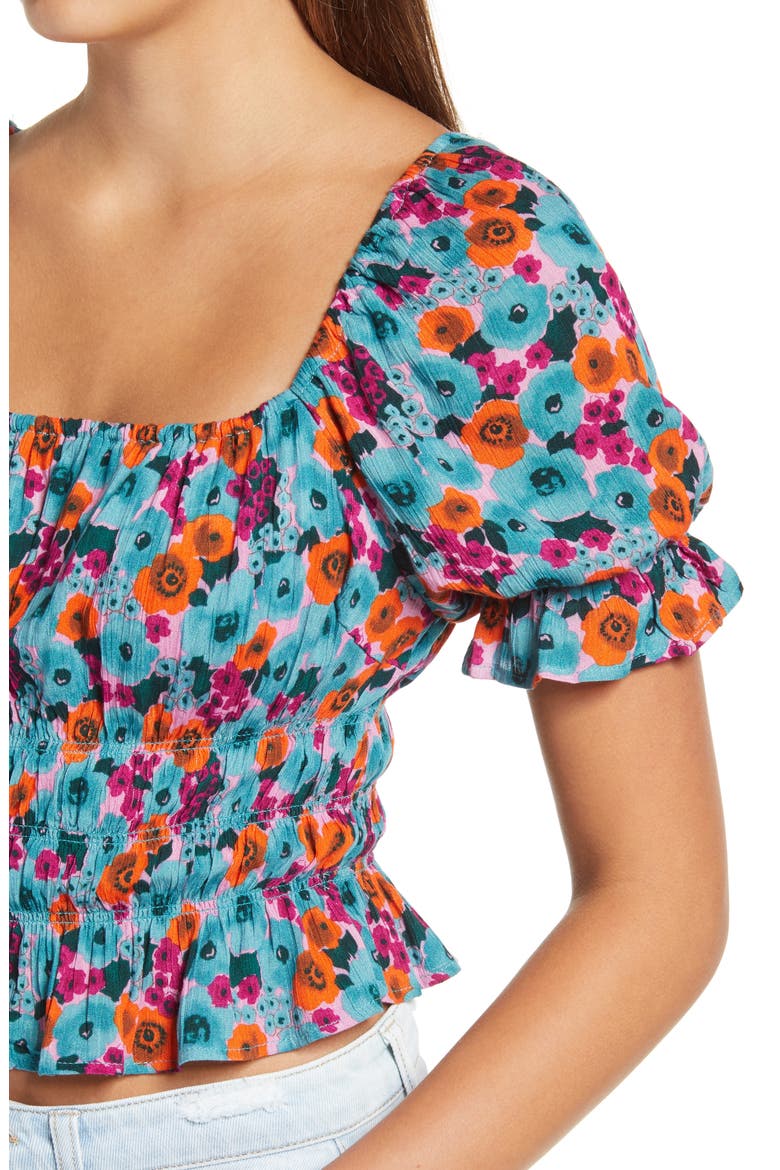 Print Smocked Square Neck Top, Alternate, color, ORANGE FLORAL
