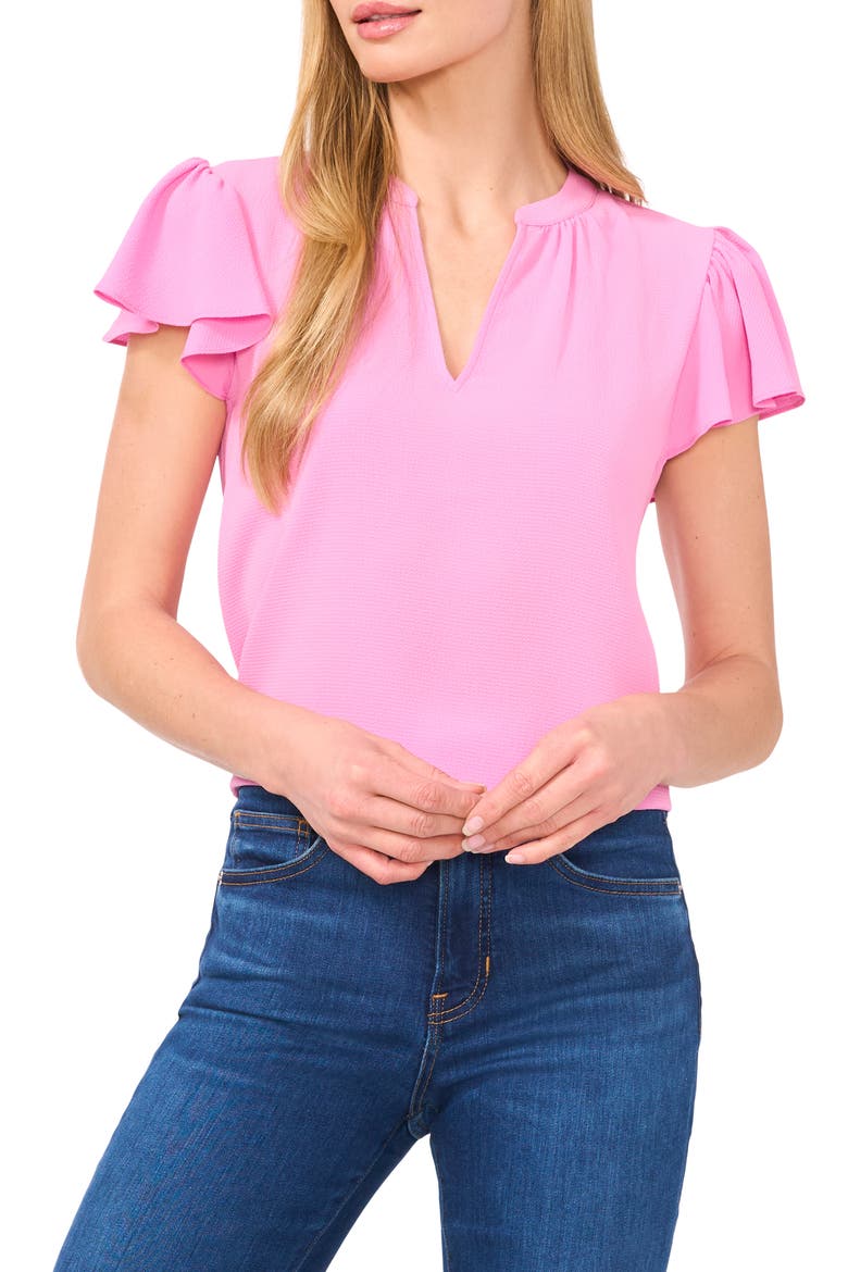 Flutter Sleeve V-Neck Top, Main, color, BRIGHT PEONY