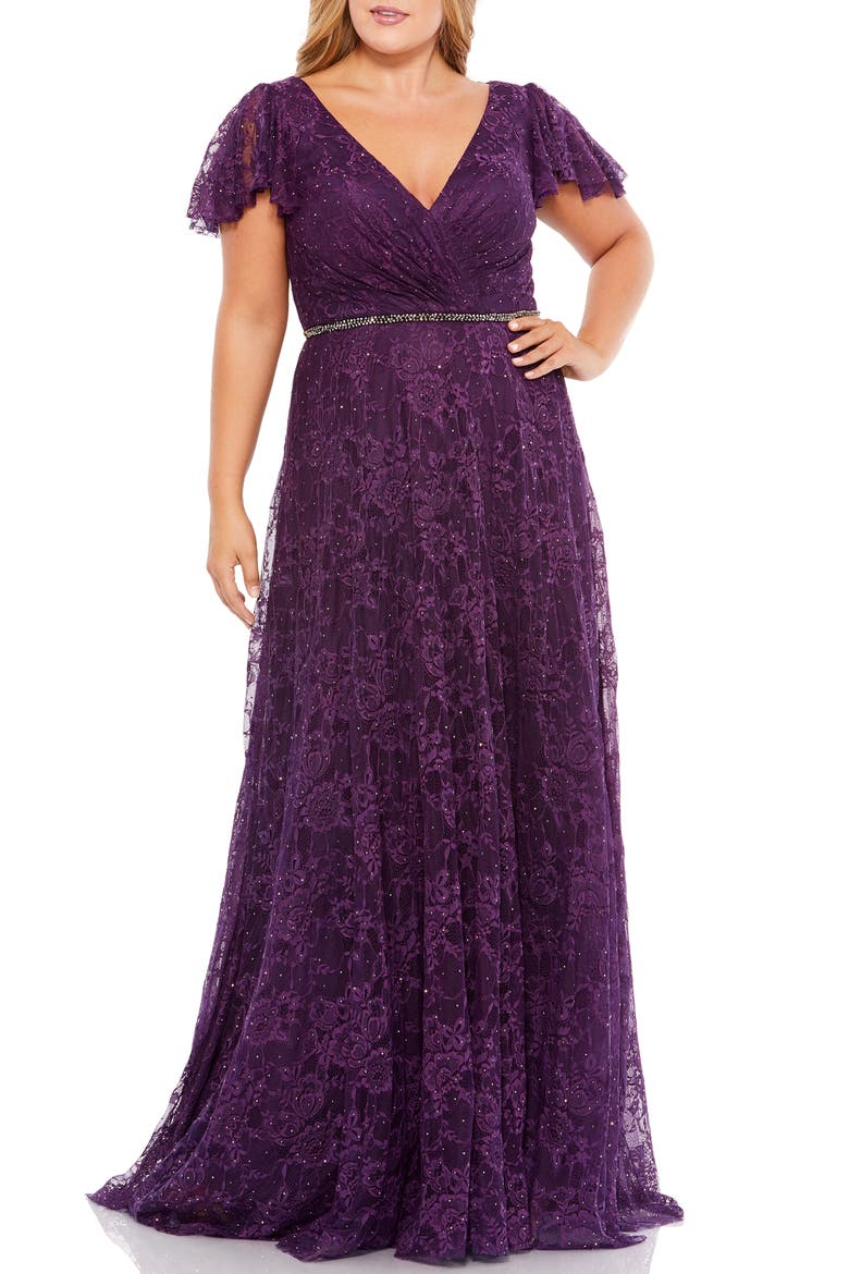 Ruffle Sleeve Lace Gown, Main, color, AUBERGINE