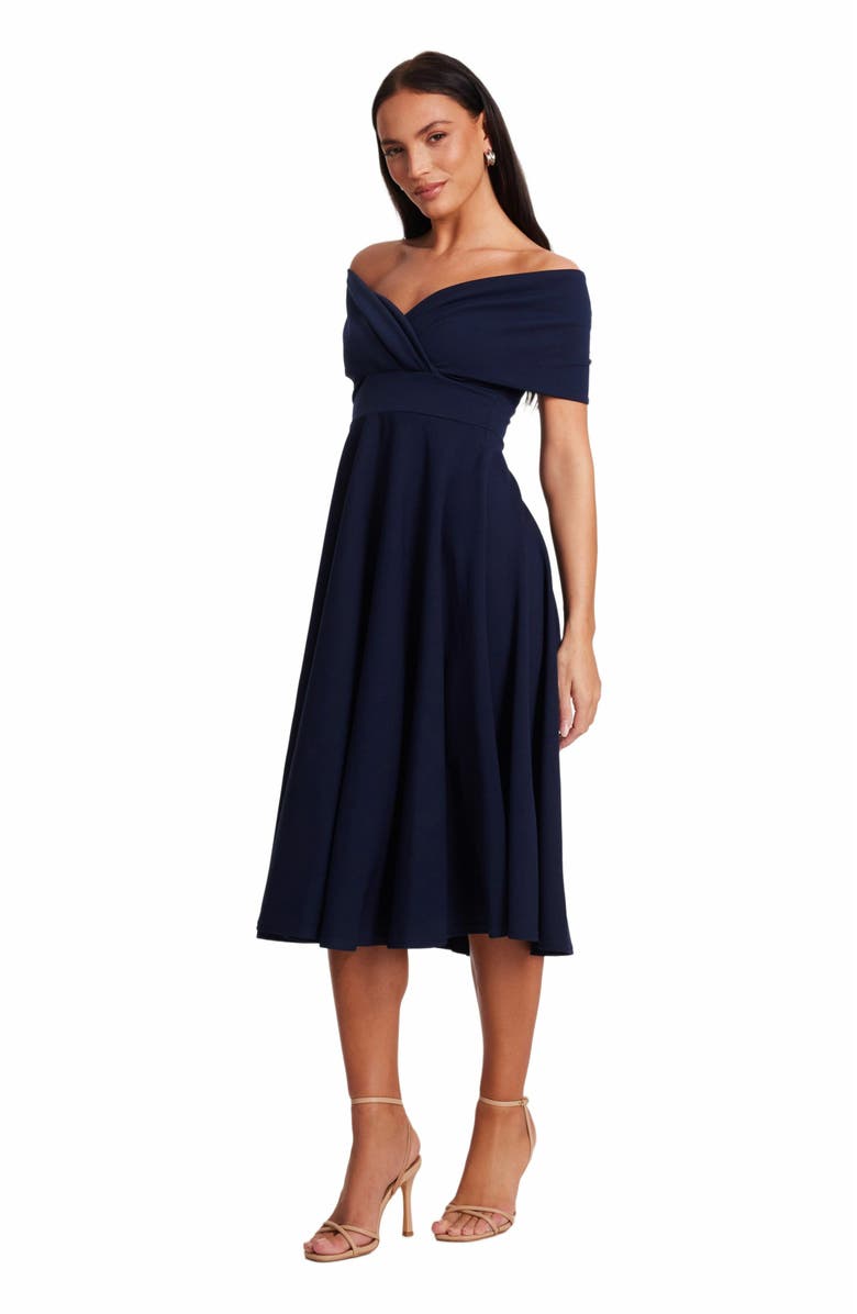 QUIZ Scuba Crepe Bardot Wrap Midi Skater Dress, Alternate, color, 