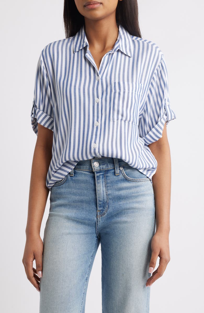 beachlunchlounge Murphy Stripe Button-Up Shirt, Main, color, Starry Night