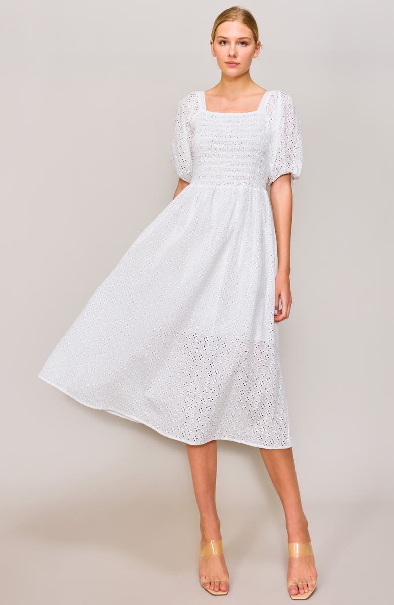 MELLODAY Embroidered Eyelet Puff Sleeve Smocked Midi Dress, Alternate, color, White
