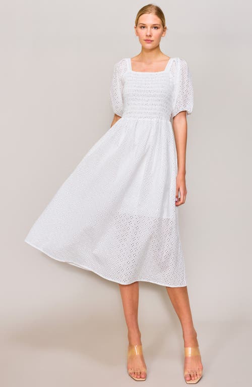 Melloday Embroidered Eyelet Puff Sleeve Smocked Midi Dress In White