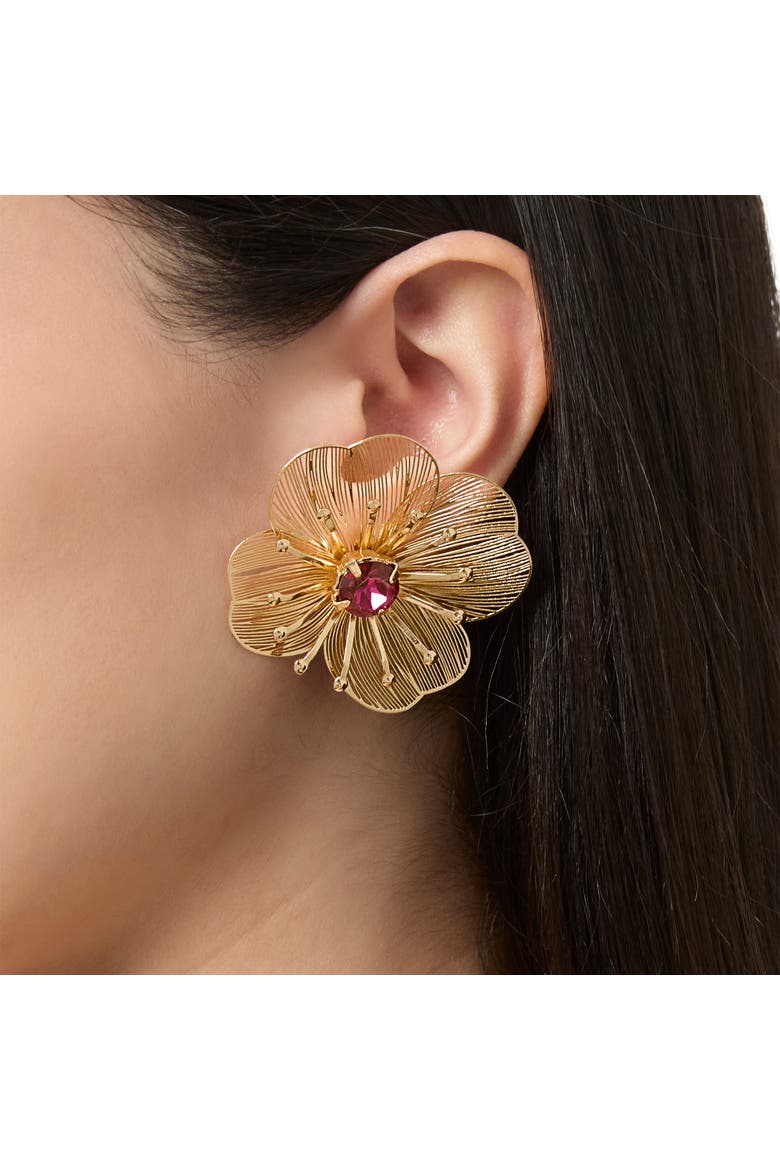 Gold-Tone Filigree Flower Stud Earrings with Pink Crystal Center, Alternate, color, Gold tone