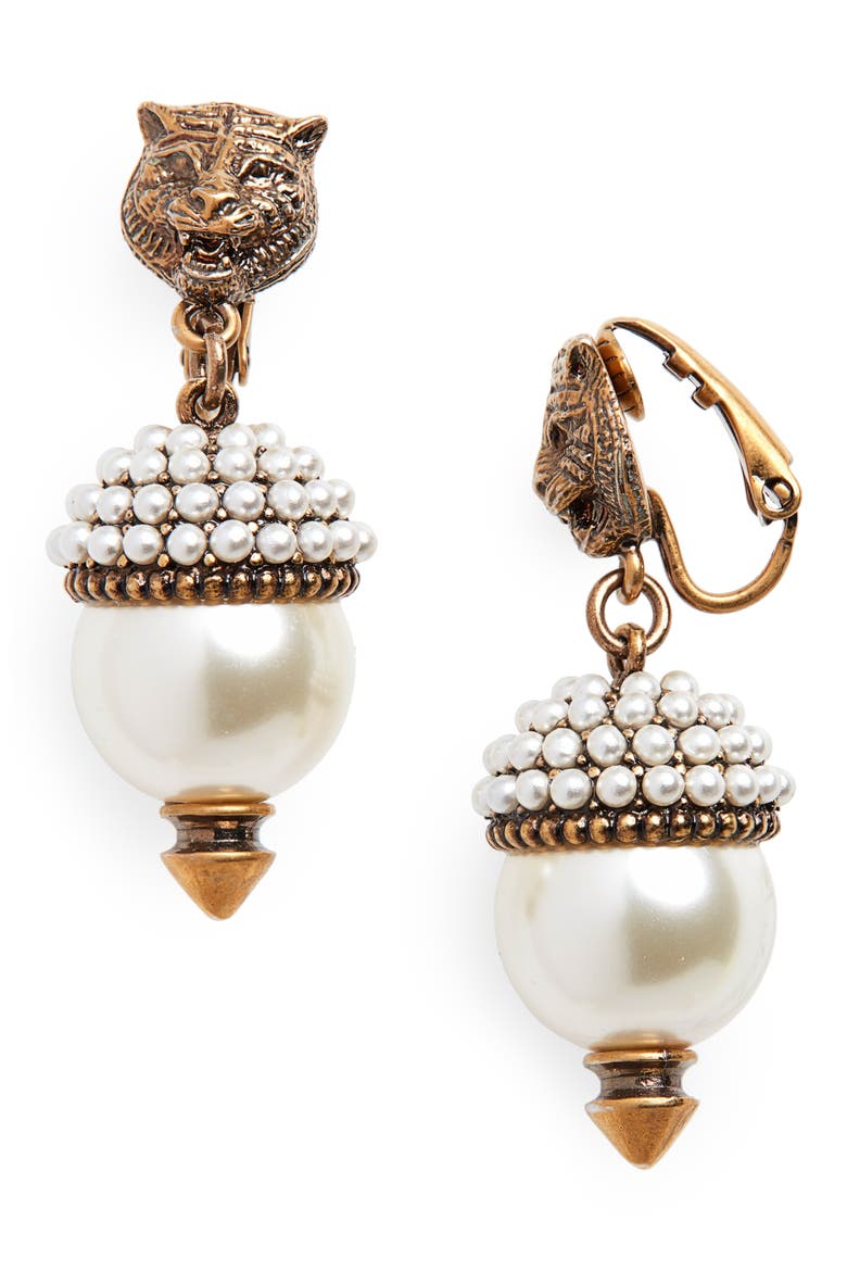 Fashion Show Feline Head Imitation Pearl Drop Earrings, Main, color, GOLD/ PEARL