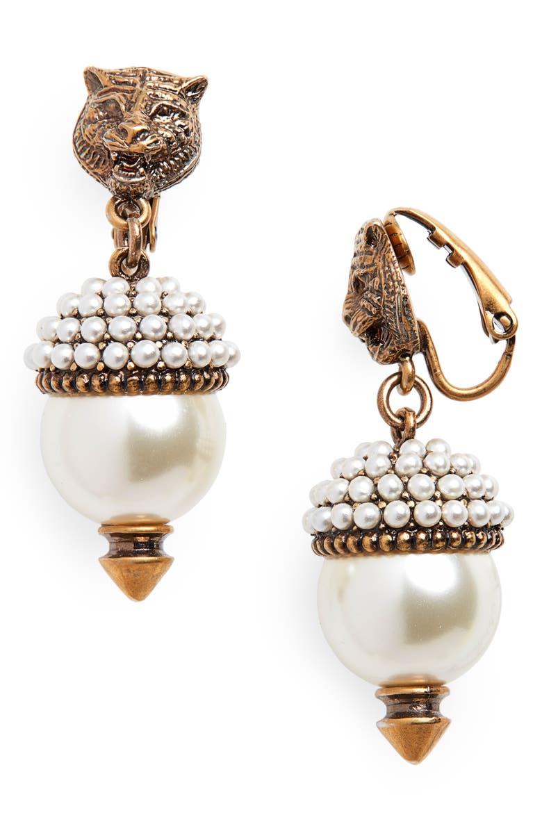 Gucci Fashion Show Feline Head Imitation Pearl Drop Earrings, Main, color, 