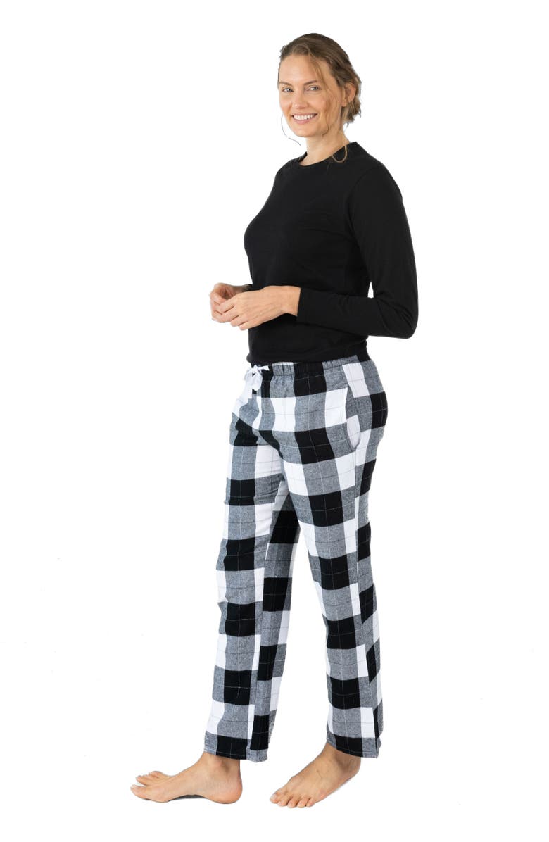 Leveret Women's Cotton Top & Flannel Pants Printed Holiday Pajama Set, Main, color, Plaid Black & White