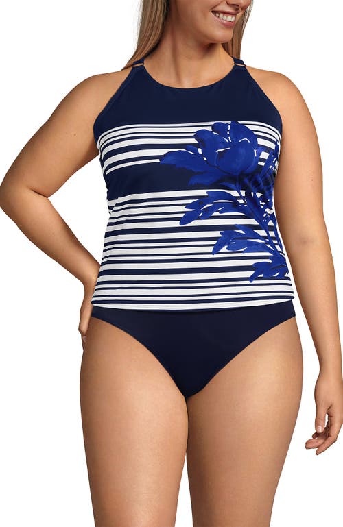 Lands' End Mastectomy Tugless High Neck Strappy Back Tankini Swimsuit Top In Blue