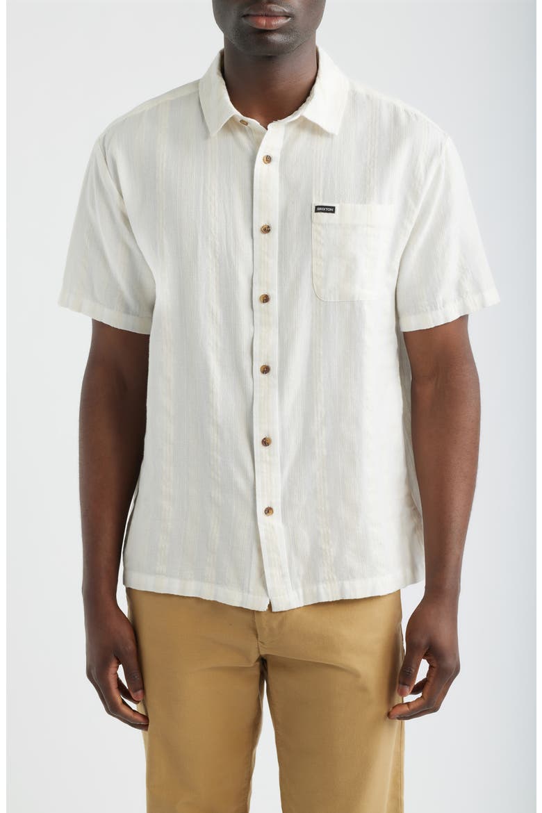 Cru Textured Stripe Short Sleeve Cotton Dobby Button-Up Shirt, Main, color, OFF WHITE