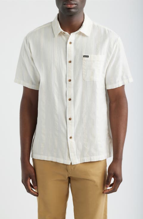 Cru Textured Stripe Short Sleeve Cotton Dobby Button-Up Shirt