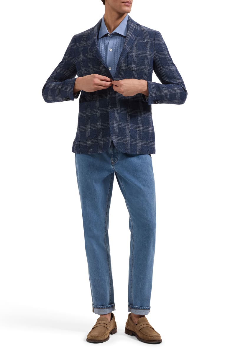 Bugatchi Windowpane Check Cotton & Linen Blend Blazer, Alternate, color, Navy