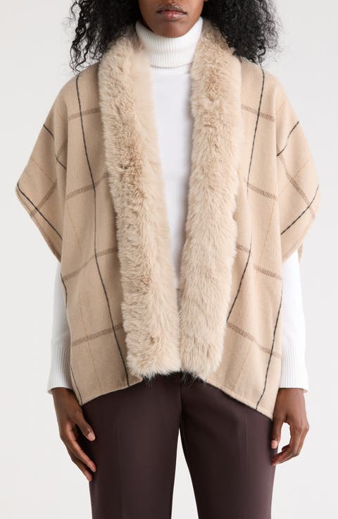Faux Fur Collar Plaid Ruana