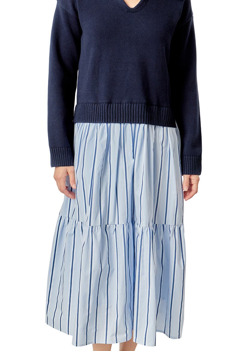 Mixed Media Long Sleeve Midi Dress, Alternate, color, NAVY BLUE STRIPES
