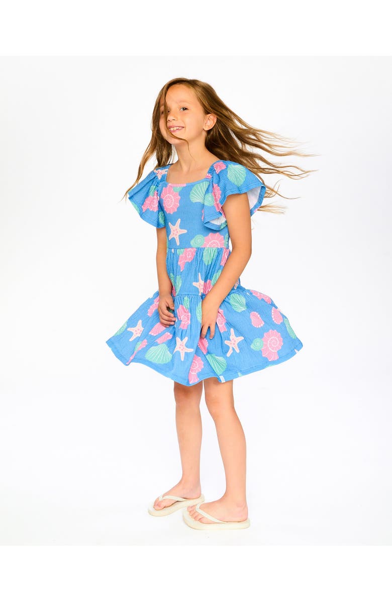 Deux par Deux Short Sleeve Crinkle Jersey Shell Dress, Alternate, color, Blue Seashell Print