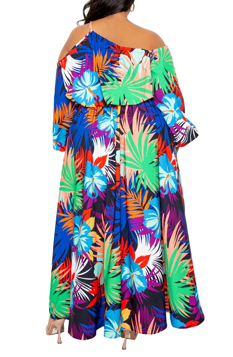 BUXOM COUTURE Tropical Cutout Long Sleeve Maxi Dress, Alternate, color,