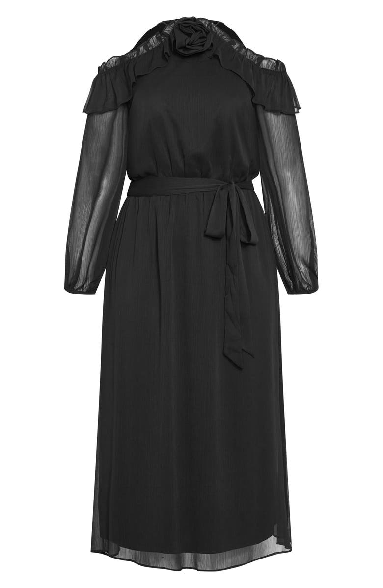 City Chic Nikita Rosette Tie Waist Cold Shoulder Long Sleeve Chiffon Midi Dress, Alternate, color, 