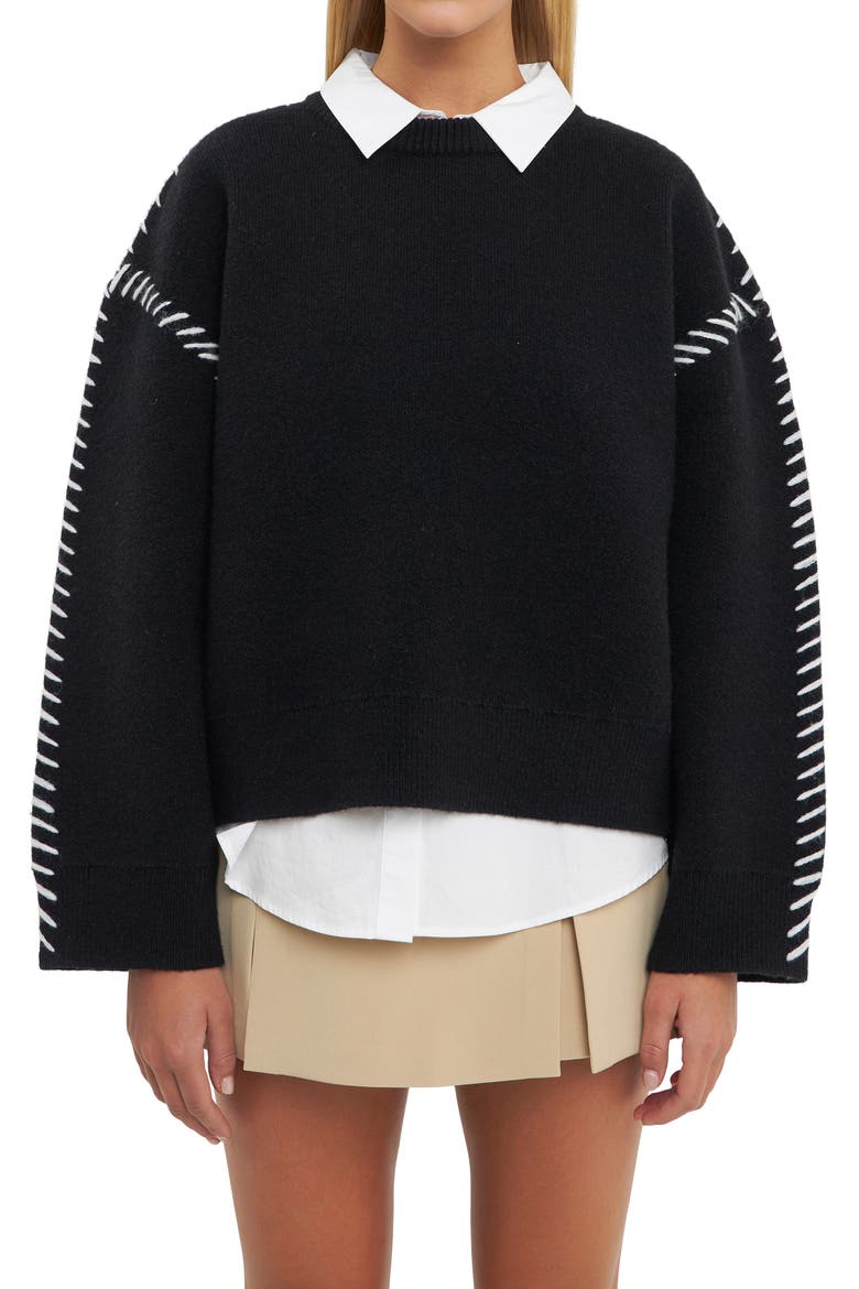 Whipstitch Accent Crewneck Sweater, Main, color, BLACK/ WHITE