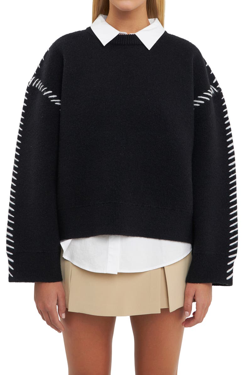 English Factory Whipstitch Accent Crewneck Sweater, Main, color, 