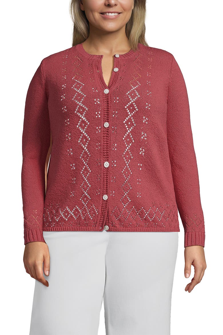 Plus Size Pointelle Crew Neck Cardigan Sweater, Main, color, Soft Mojave Rose