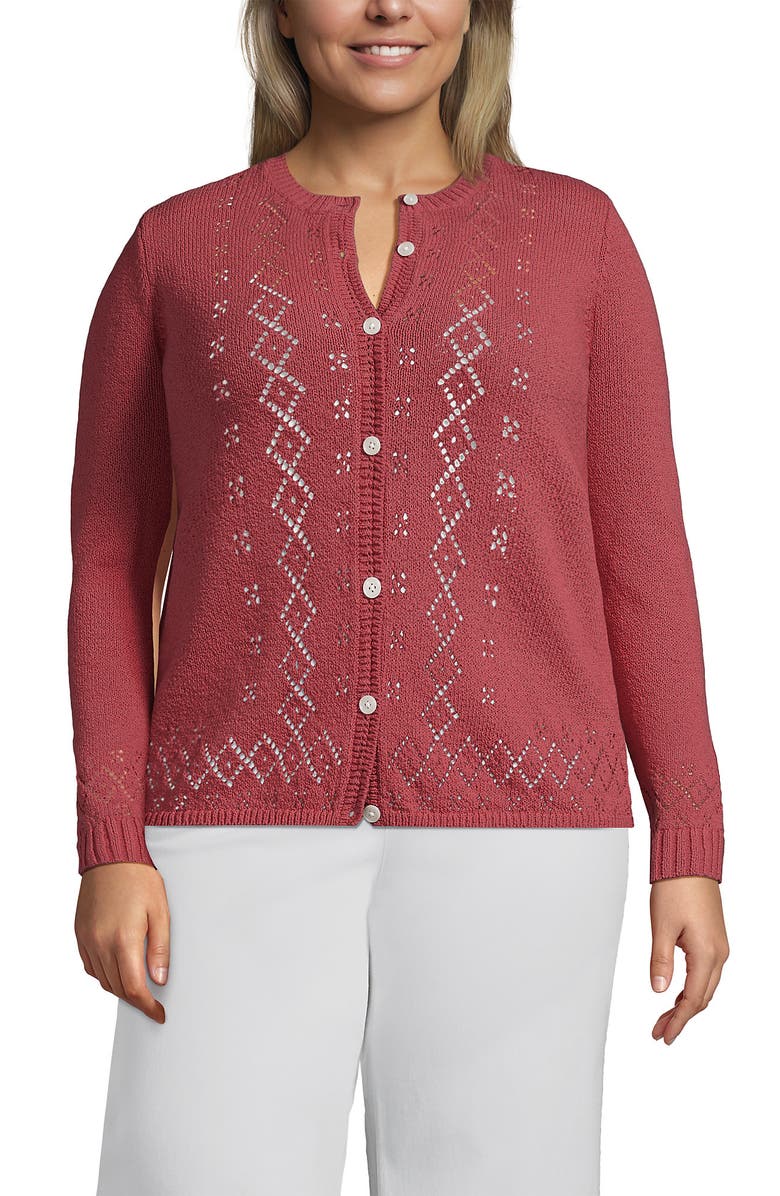 Lands' End Plus Size Pointelle Crew Neck Cardigan Sweater, Main, color, Soft Mojave Rose