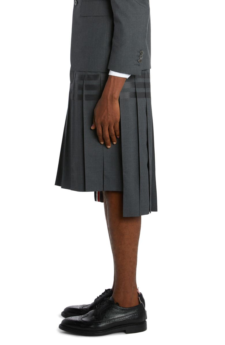 Thom Browne 4-Bar Pleated Back Strap High-Low Wool Skirt, Alternate, color, 