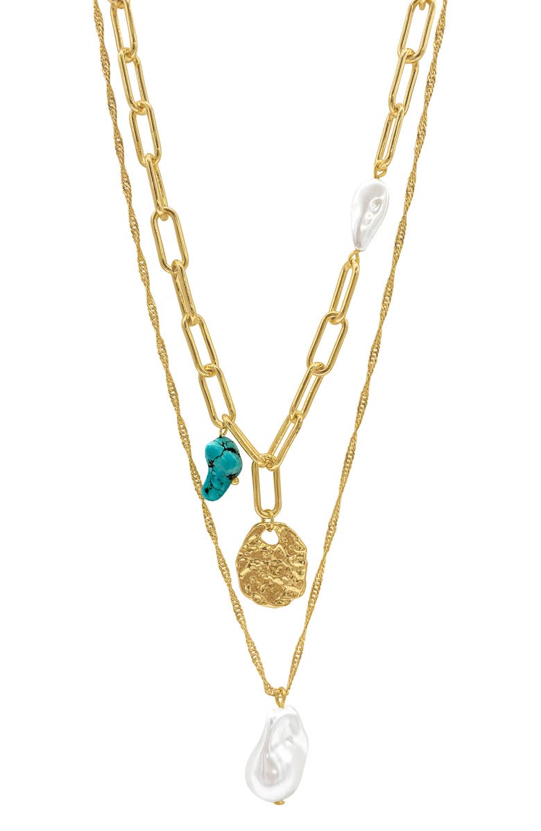 Adornia 14K Gold Plate Imitation Pearl & Turquoise Bead Necklace, Main, color, Gold