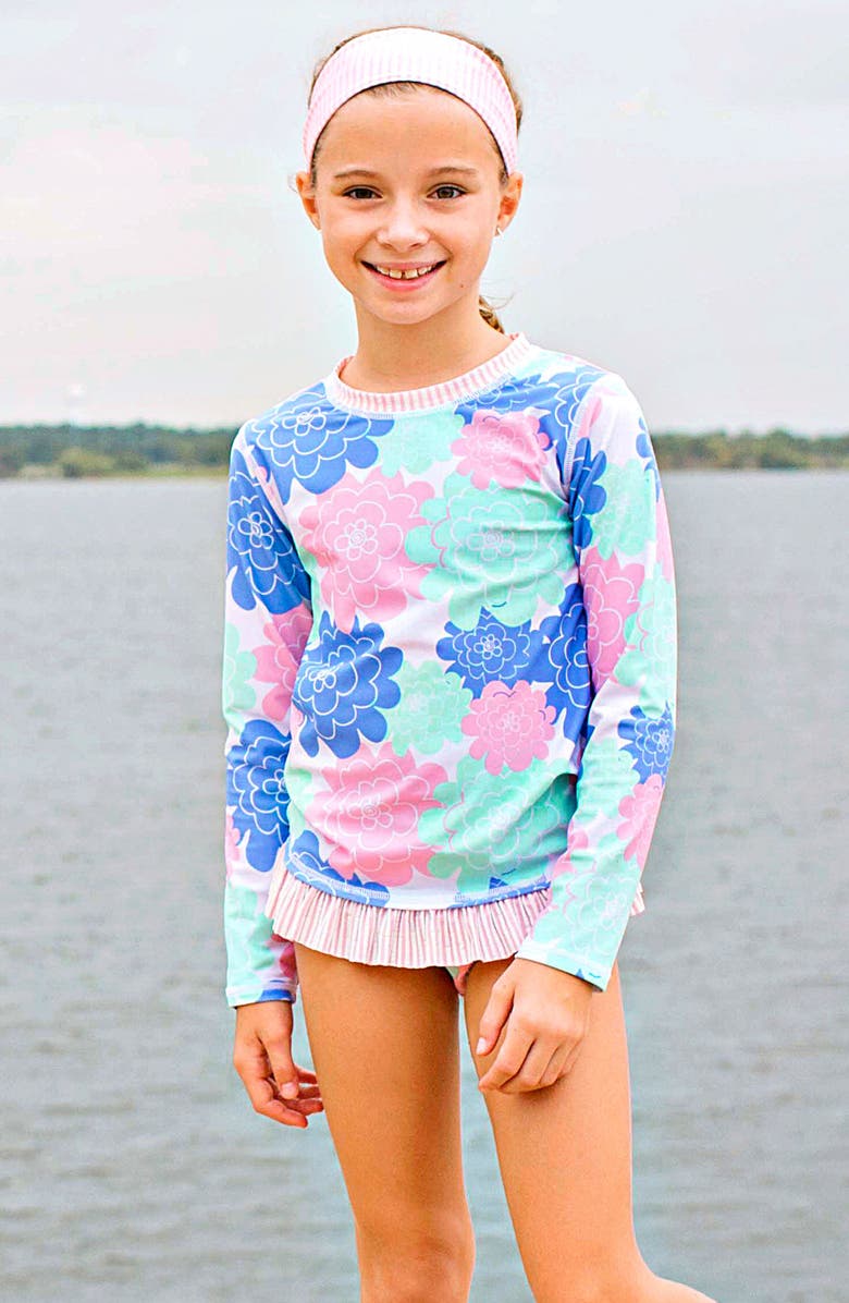 RuffleButts Pastel Petals Two-Piece Rashguard Swimsuit & Head Wrap Set, Alternate, color, 