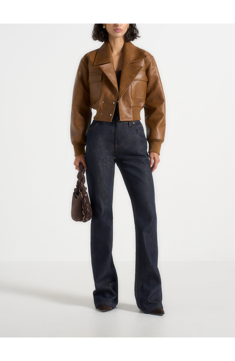 Manière De Voir Cosette Vintage Leather Lapel Bomber Jacket, Main, color, Brown