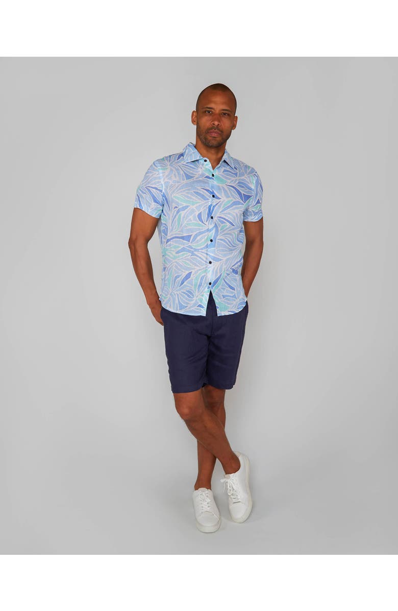 Lords of Harlech Simple Leaves Short Sleeve Fine Linen Shirt, Alternate, color, Simple Leaves Blue