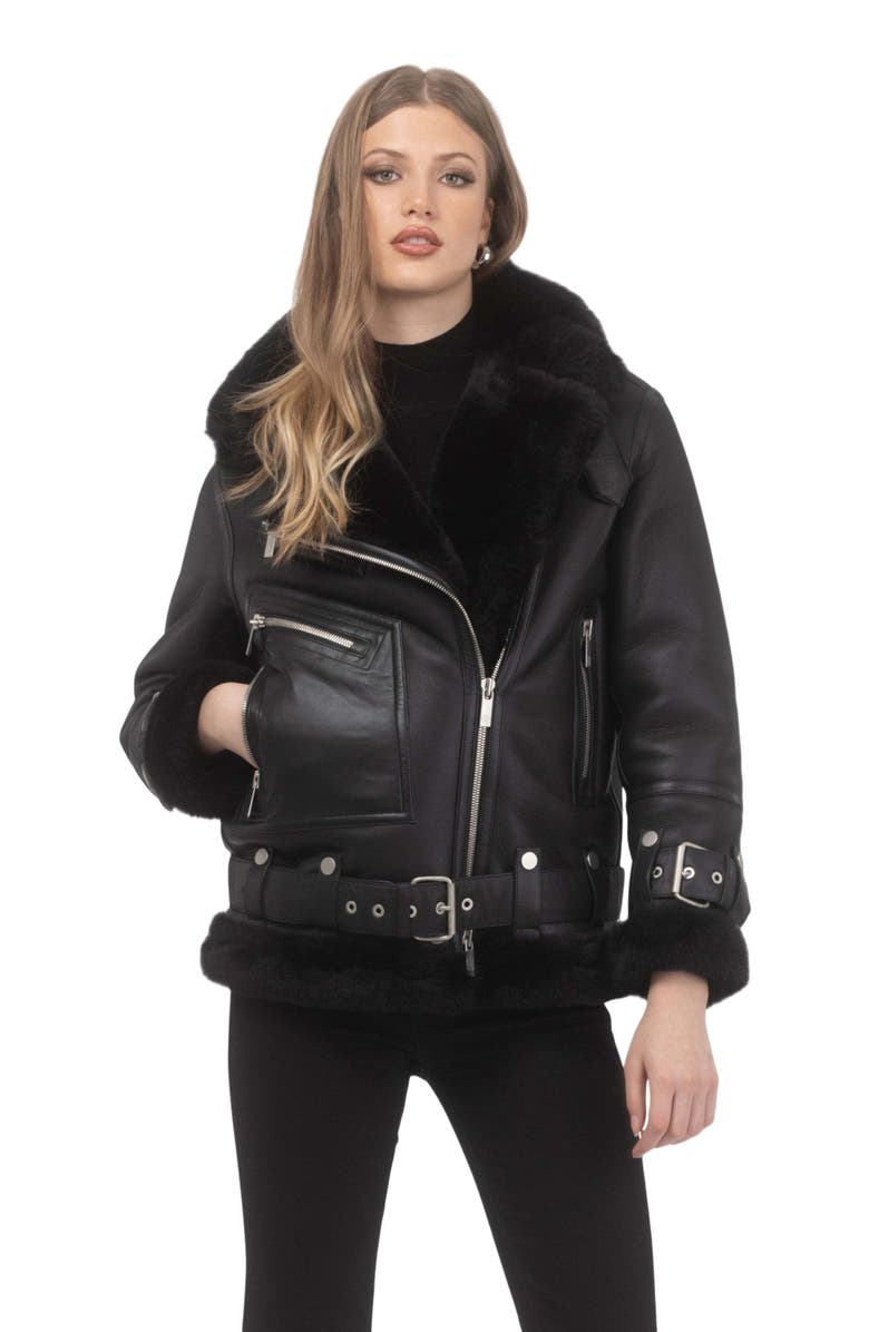 GORSKI Shearling Lamb Moto Zip Jacket, Alternate, color, Black