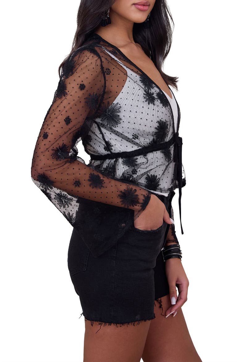 Sheer Floral Mesh Bell Sleeve Tie Front Top, Alternate, color, BLACK
