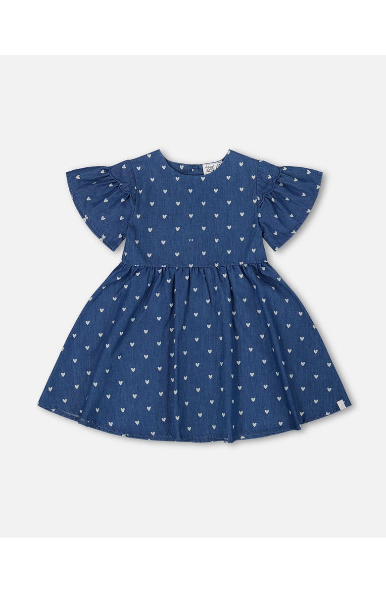 Deux par Deux Girl's Printed Chambray Dress Navy Blue And White Hearts, Main, color, 