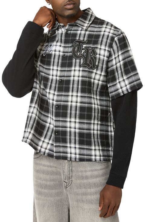 Waffle Knit Layered Plaid Flannel Shirt