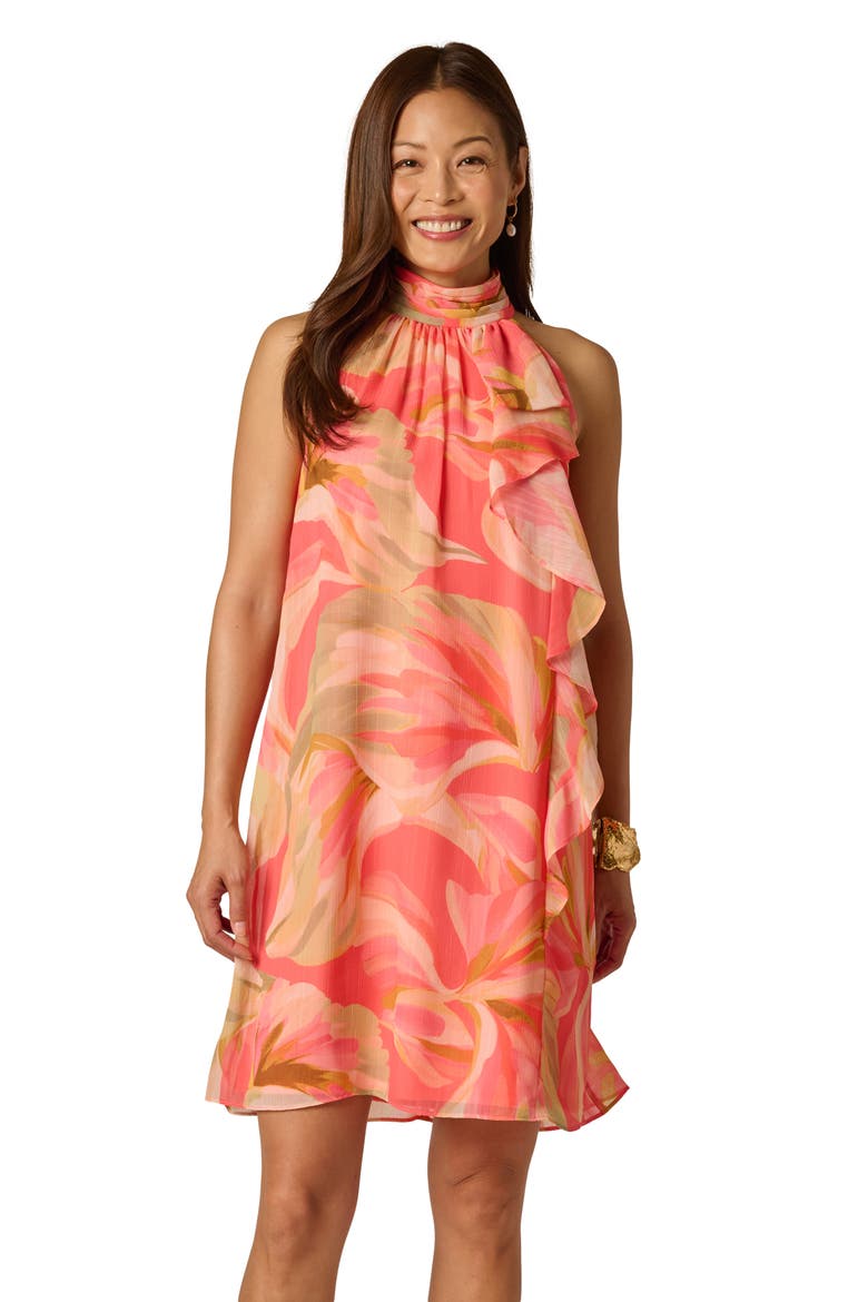 Floral Print Halter Trapeze Dress, Alternate, color, CORAL MULTI