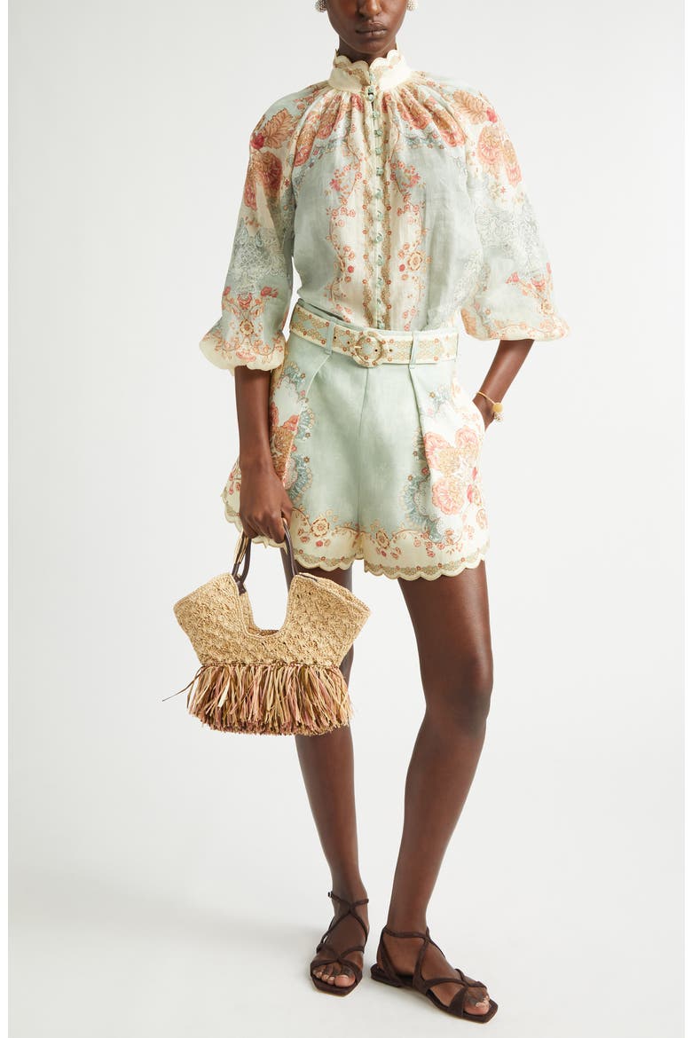 Daylight Tuck Pleated Linen Shorts, Alternate, color, WALLPAPER FLORAL MINT