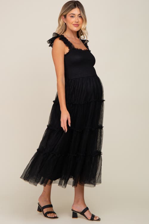 Pinkblush Smocked Mesh Ruffle Accent Midi Dress In Black