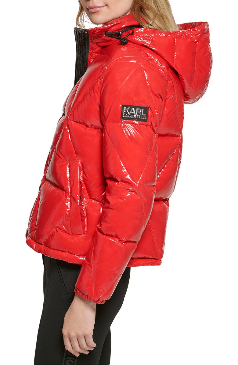 KARL LAGERFELD PARIS Water Resistant Down & Feather Fill Short Hooded Puffer Coat, Alternate, color, Scarlet