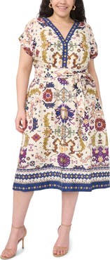 Vince Camuto Printed Belted Midi Dress