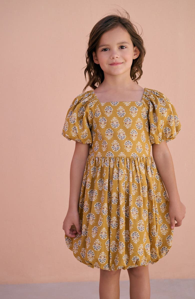 NEXT Kids' Floral Cotton Bubble Hem Cutout Dress, Alternate, color, Yellow