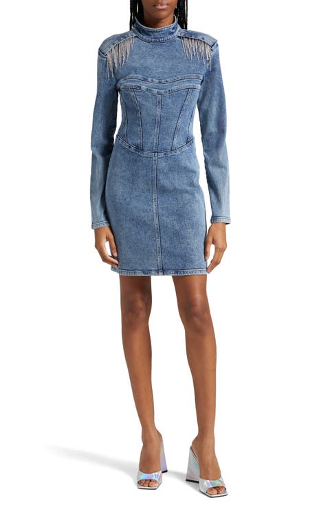 Crystal Fringe Long Sleeve Denim Minidress