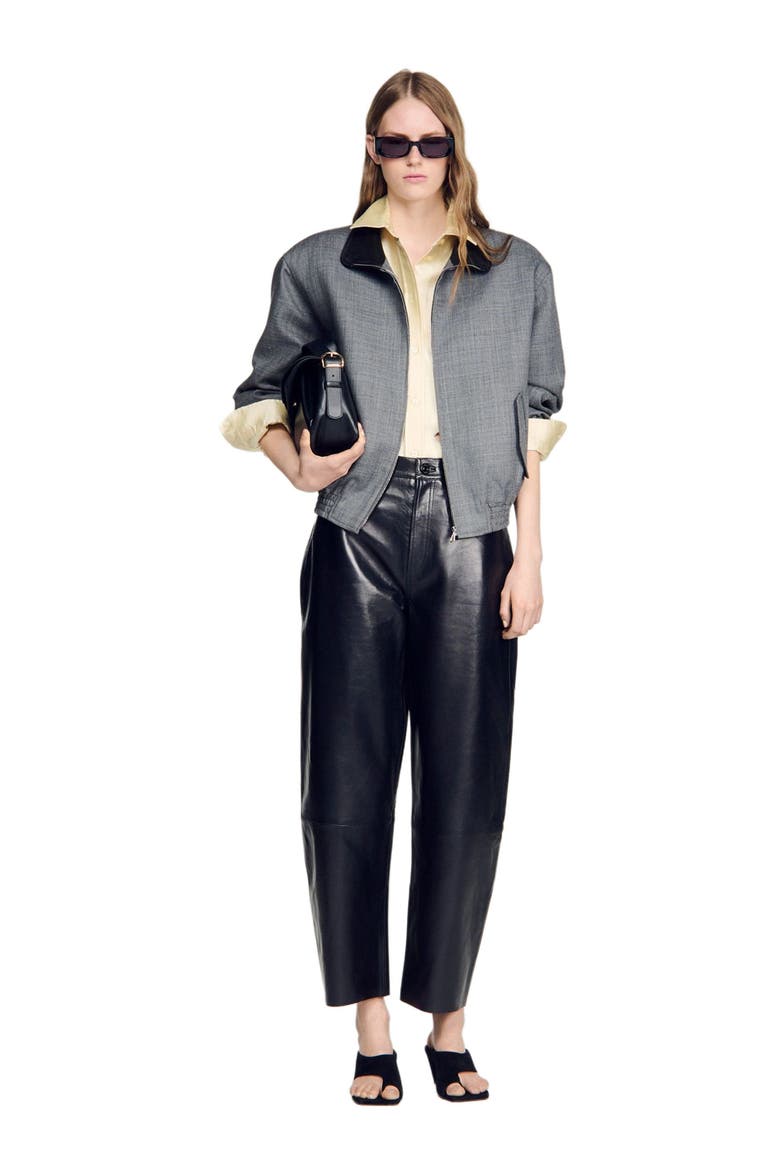 Leather barrel-leg trousers, Alternate, color, Black