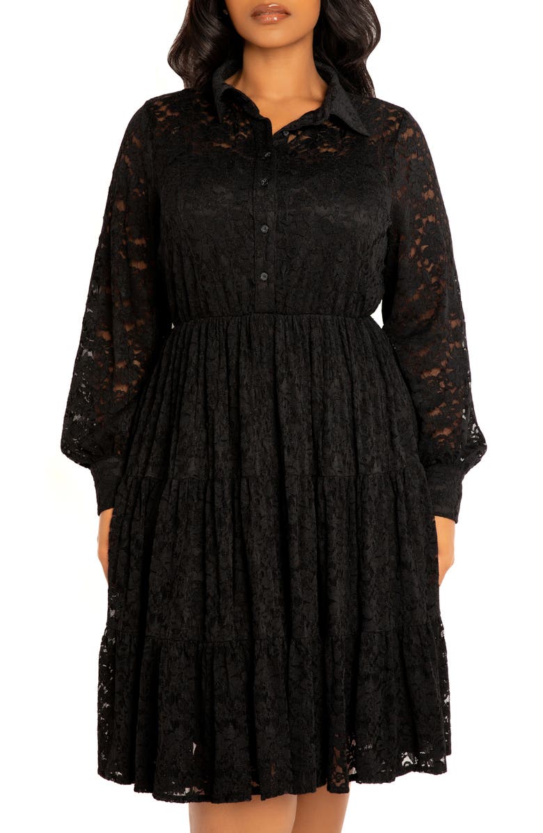 BUXOM COUTURE Lace Long Sleeve Shirtdress, Alternate, color, Black