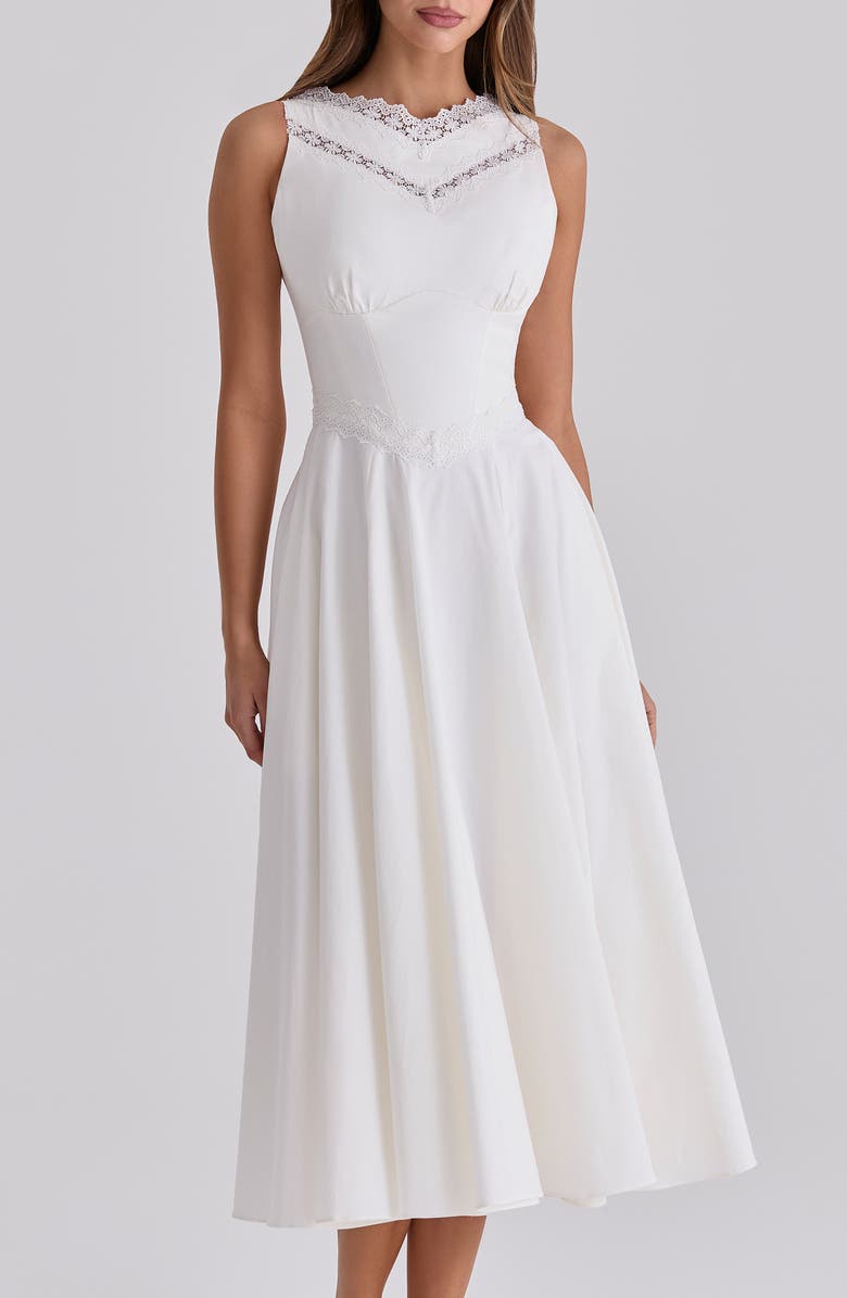 HOUSE OF CB Scarlett Lace Trim Stretch Cotton Midi Cocktail Dress, Alternate, color, White