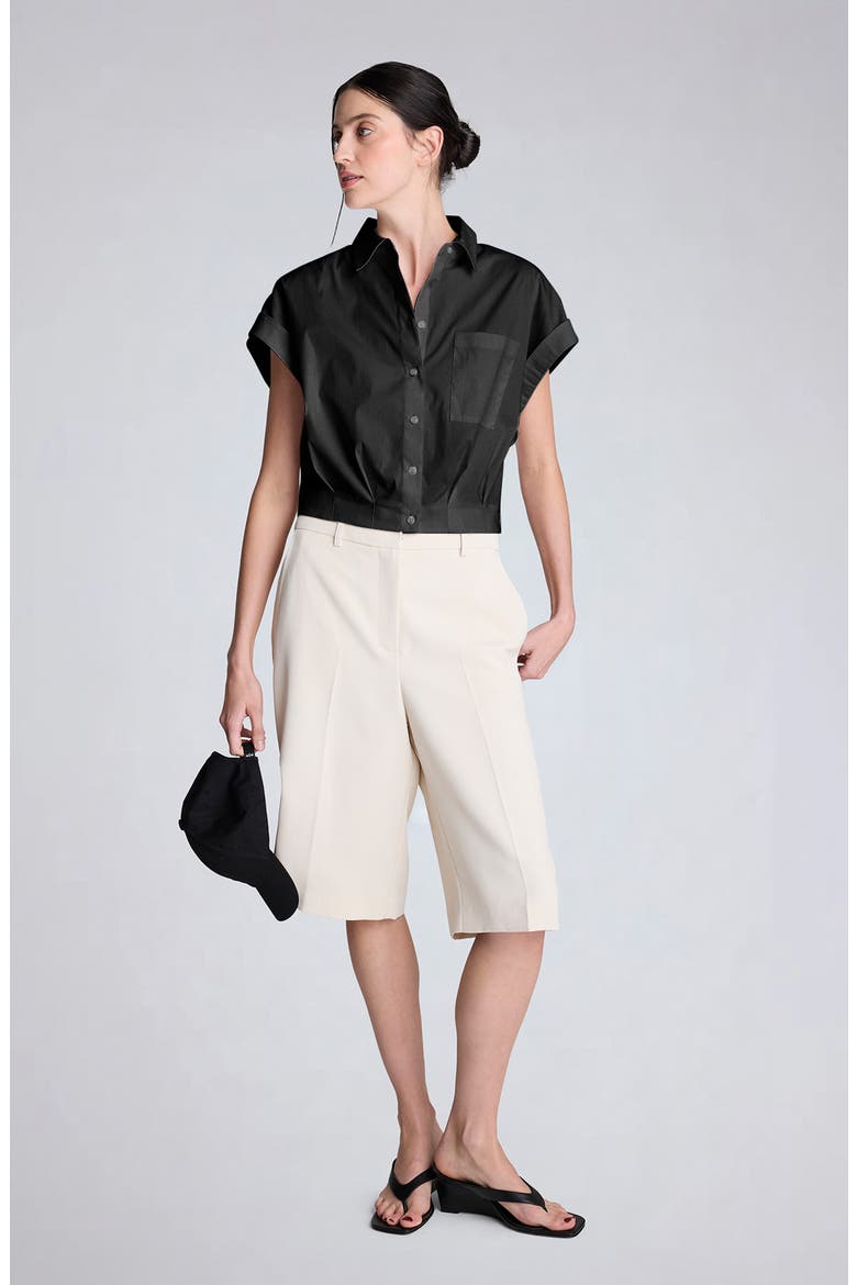 Cap Sleeve Crop Button-Up Shirt, Alternate, color, BLACK