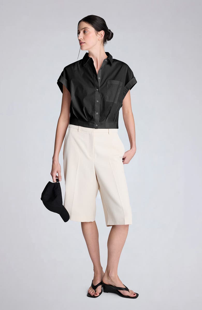 Kenneth Cole Cap Sleeve Crop Button-Up Shirt, Alternate, color, Black