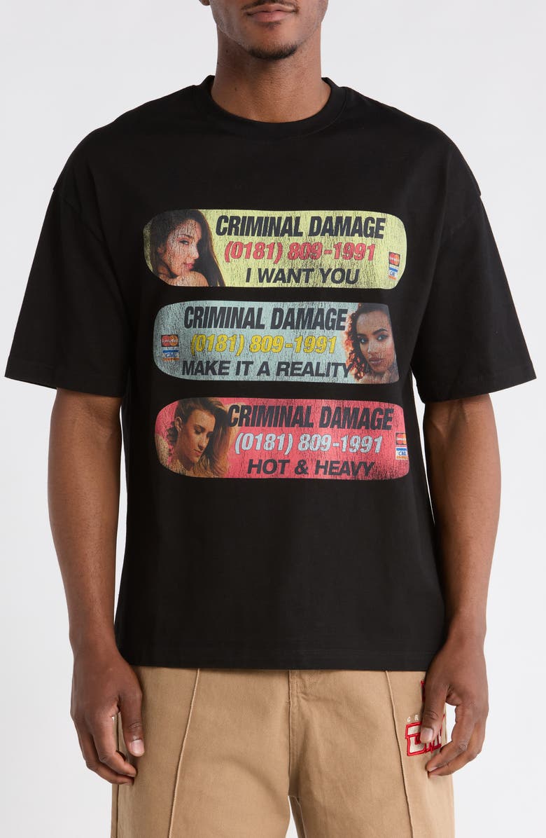 CRIMINAL DAMAGE Hotline Reality Crewneck T-Shirt, Main, color, Black