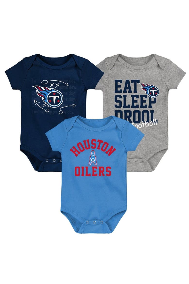 Newborn & Infant Navy/Light Blue/Heather Gray Tennessee Titans Three-Pack Eat, Sleep & Drool Retro Bodysuit Set, Main, color, Navy